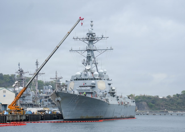 Arleigh Burke-class guided-missile destroyer USS Ralph Johnson (DDG 114) docked pier side on board Commander Fleet Activities Yokosuka (CFAY) after completing its Chief of Naval Operations (CNO) maintenance availability, April 6, 2026.