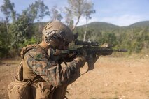 U.S. Marine Corps Sgt. Trey Leonard, a rifleman assigned to 1st Battalion, 5th Marine Regiment, Marine Rotational Force - Darwin, conducts a live-fire exercise during Exercise Balikatan 2026 at Philippines Naval Detachment Oyster Bay, Palawan, Philippines, May 5, 2026.