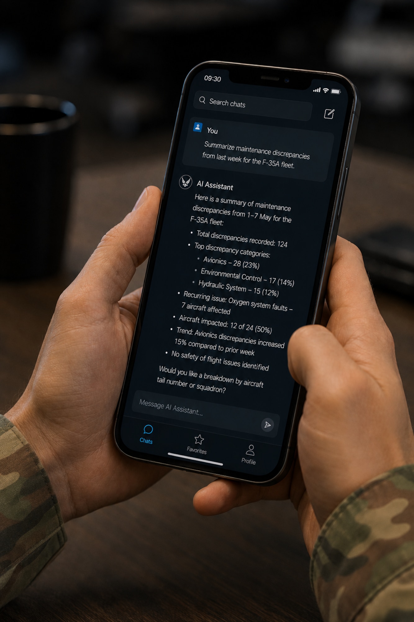 An artificial intelligence illustration depicts a mobile AI assistant interface displaying maintenance analysis information for the F-35A Lightning II fleet at Luke Air Force Base, Arizona, May 7, 2026. A team of Airmen across Luke AFB examined how AI-enabled tools could provide faster access to information and streamline communication in support of daily operations and future air dominance mission requirements of the warfighter. (U.S. Air Force photo illustration by 56th Fighter Wing Public Affairs)