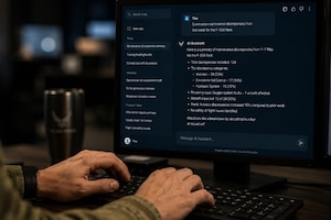 An illustration depicts an Airman using an artificial intelligence assistant during routine operations, at Luke Air Force Base, Arizona, May 7, 2026. The 56th Fighter Wing evaluated how AI capabilities can assist the installation with administrative tasks, data analysis, and mission support functions while maintaining focus on combat-ready capabilities. (U.S. Air Force photo illustration by 56th Fighter Wing Public Affairs)