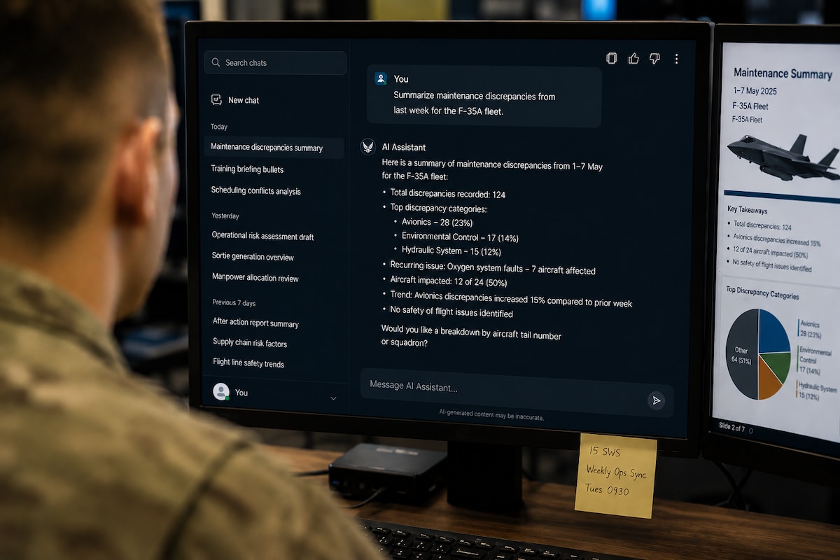 An artificial intelligence illustration  depicts an Airman using an AI assistant to analyze maintenance discrepancies for the F-35A Lightning II fleet, at Luke Air Force Base, Arizona, May 7, 2026. Luke Airmen explored how AI tools can support mission planning, maintenance analysis, and operational decision-making to improve efficiency and modernize workflows across the installation. (U.S. Air Force photo illustration by 56th Fighter Wing Public Affairs)
