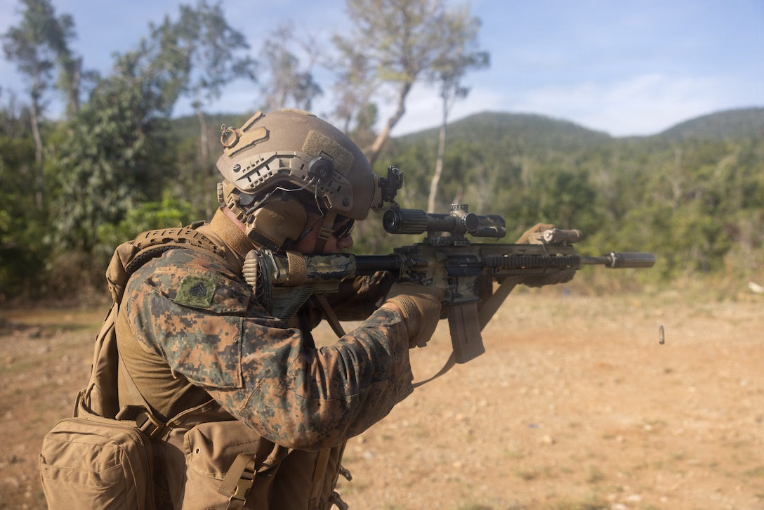 U.S. Marine Corps Sgt. Trey Leonard, a rifleman assigned to 1st Battalion, 5th Marine Regiment, Marine Rotational Force - Darwin, conducts a live-fire exercise during Exercise Balikatan 2026 at Philippines Naval Detachment Oyster Bay, Palawan, Philippines, May 5, 2026.