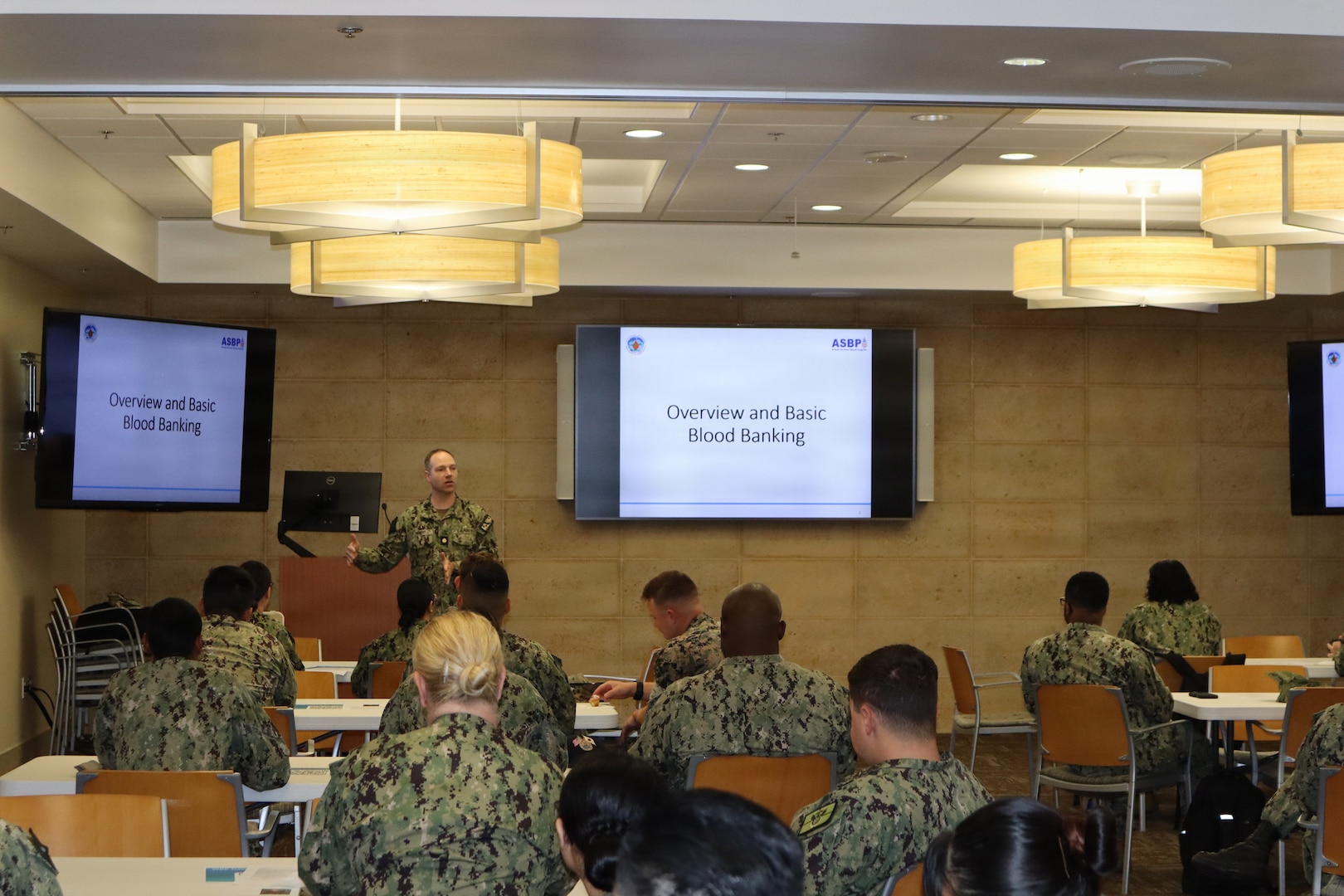 Lt. Cmdr. Jeff Hebert, laboratory department head for Naval Medical Center San Diego, teaches the basics of blood banking on the first day of a two-day walking blood bank training event at Naval Hospital Camp Pendleton on May 11, 2026. “This training is to prepare you for walking blood bank operations at a role 2 or role 3 facility,” he stated at the beginning of the training evolution.