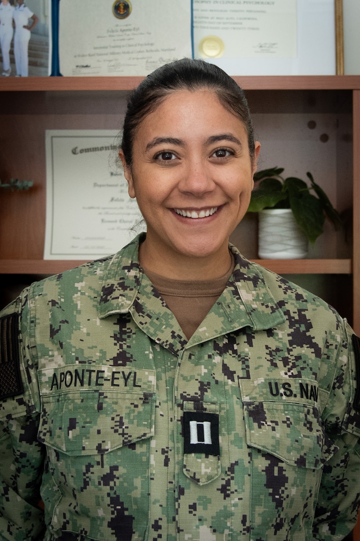 Navy Lt. Felicia Aponte-Eyl serves as a clinical psychologist aboard Navy Medicine Readiness and Training Command Cherry Point.  “The goal is…to teach skills that allow the [service member] to improve symptoms and return to their life and responsibilities,” said the Pacifica, California native.