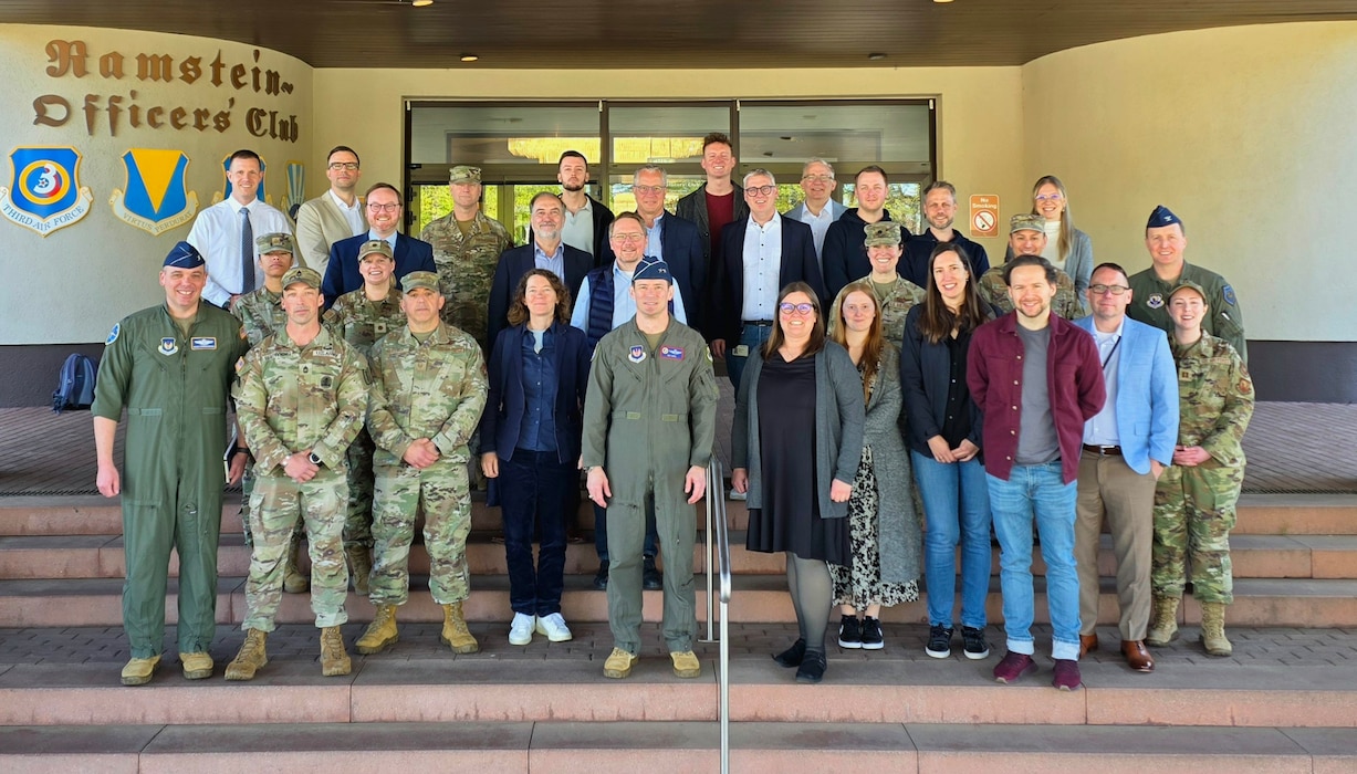 Participants of the Leadership Connect Germany program, civic industry leaders, and U.S. Maj Gen. Paul D. Moga, Third Air Force commander, pose for a group photo