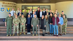 Participants of the Leadership Connect Germany program, civic industry leaders, and U.S. Maj Gen. Paul D. Moga, Third Air Force commander, pose for a group photo