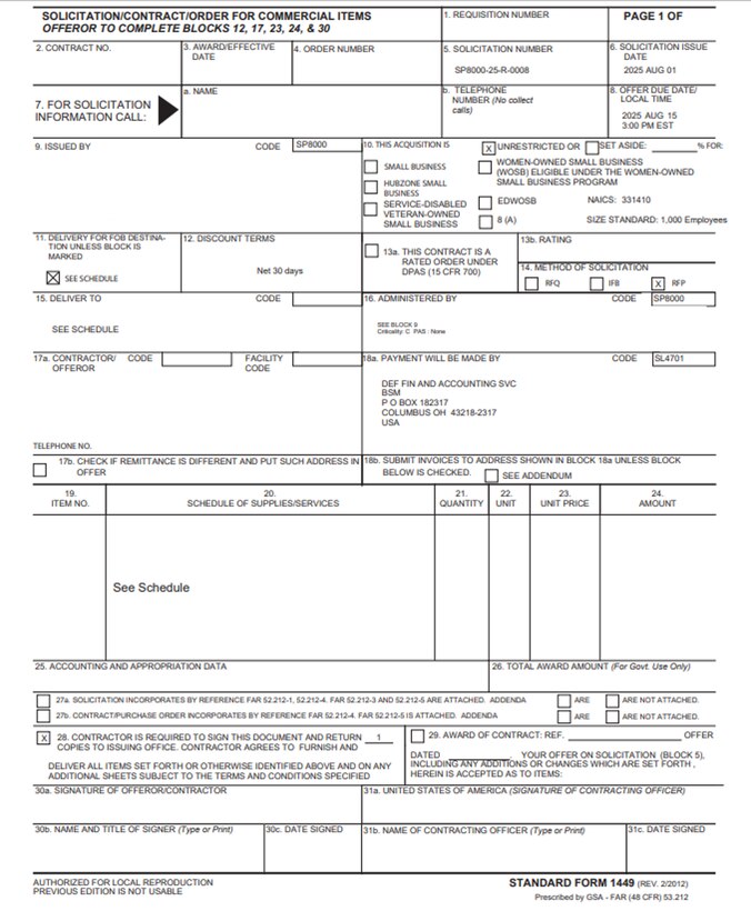 Example of DLA Strategic Materials SF1449 Solicitation/Contract/Order for Commercial Products and Commercial Services Form