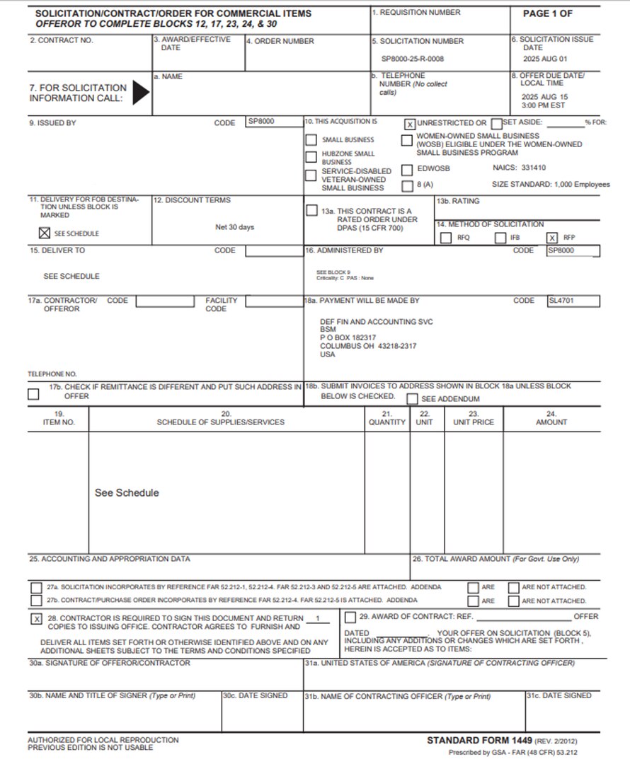 Example of DLA Strategic Materials SF1449 Solicitation/Contract/Order for Commercial Products and Commercial Services Form