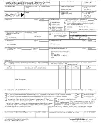 Example of DLA Strategic Materials SF1449 Solicitation/Contract/Order for Commercial Products and Commercial Services Form