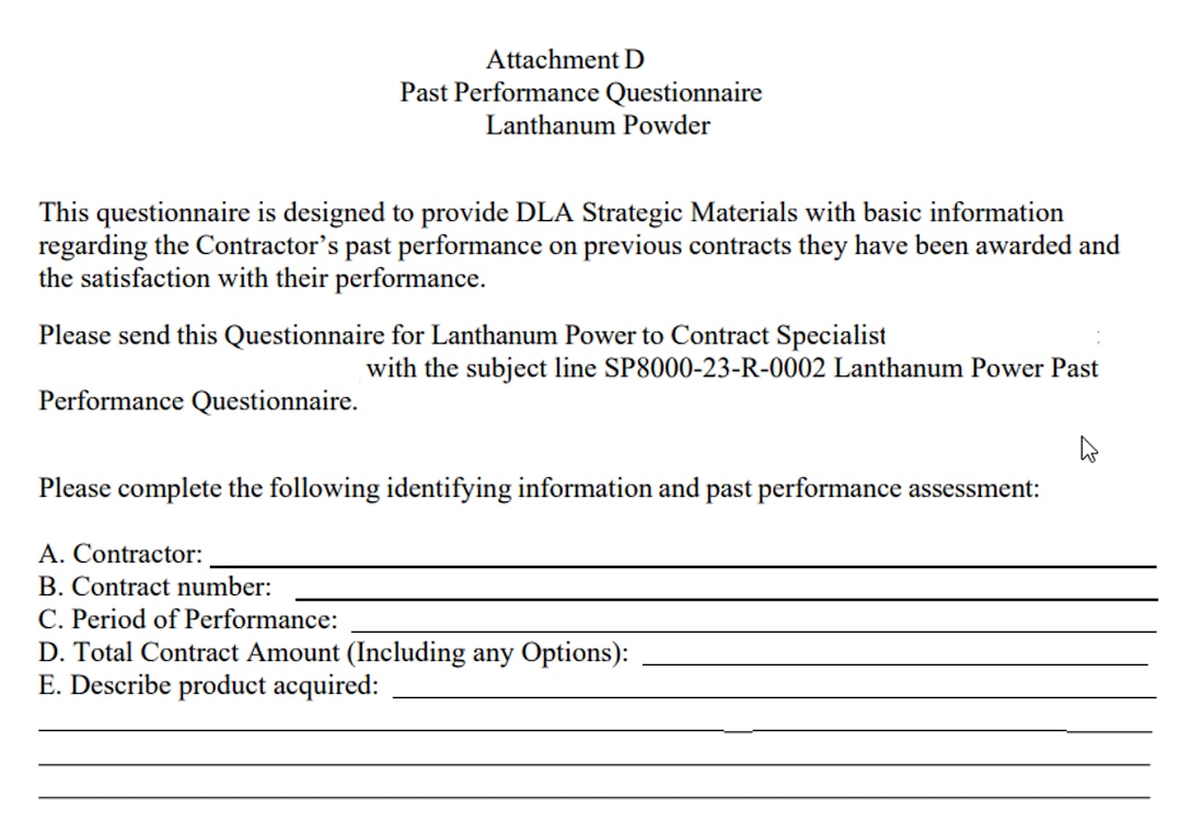 DLA Strategic Materials Past Performance Questionnaire