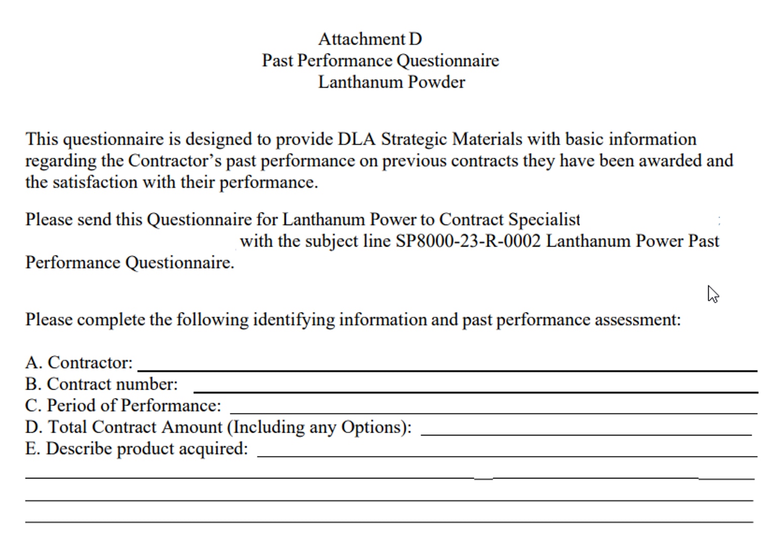 DLA Strategic Materials Past Performance Questionnaire