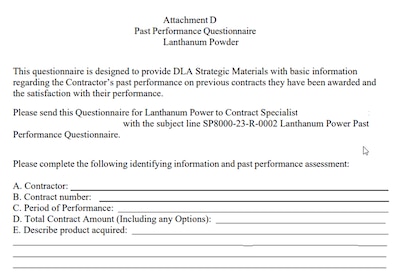 DLA Strategic Materials Past Performance Questionnaire