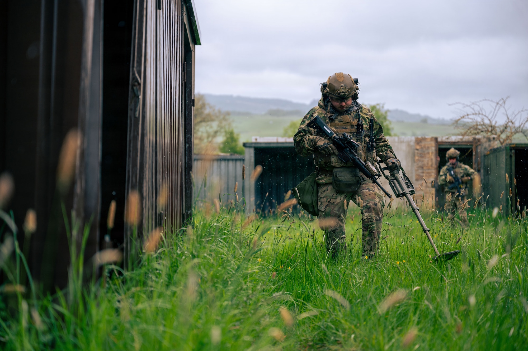 U.S. Air Force Staff Sgt. Taylor Lanteine, 786th Civil Engineer Squadron explosive ordnance disposal flight team leader, uses a metal detector