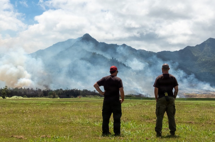 Two men in casual attire stand in an open field observing a forest fire in the background; there is smoke coming from the forest.