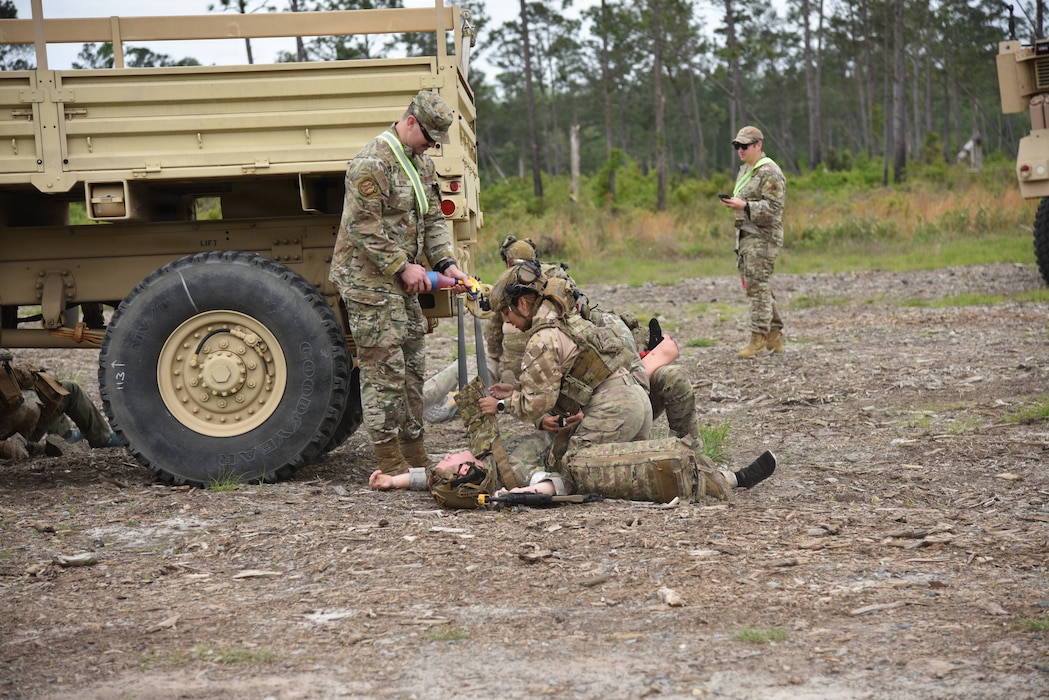 U.S. Air Force Airmen assigned to the 820th Base Defense Group evacuate a simulated patient to a vehicle during tactical combat casualty care training at Moody Air Force Base, Georgia, April 8, 2026.