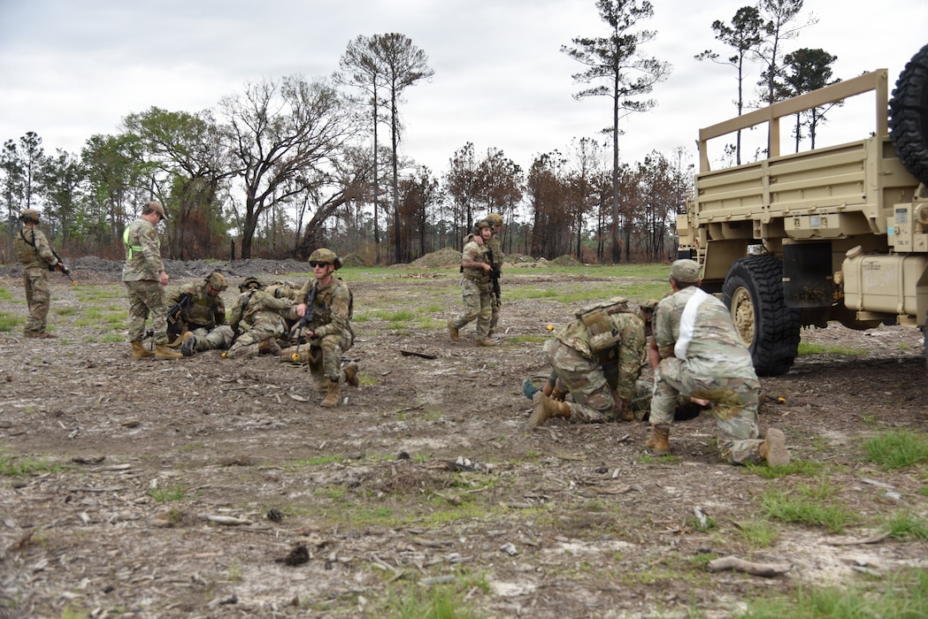 U.S. Air Force Airmen assigned to the 820th Base Defense Group evacuate a simulated patient to a vehicle during tactical combat casualty care training at Moody Air Force Base, Georgia, April 8, 2026.