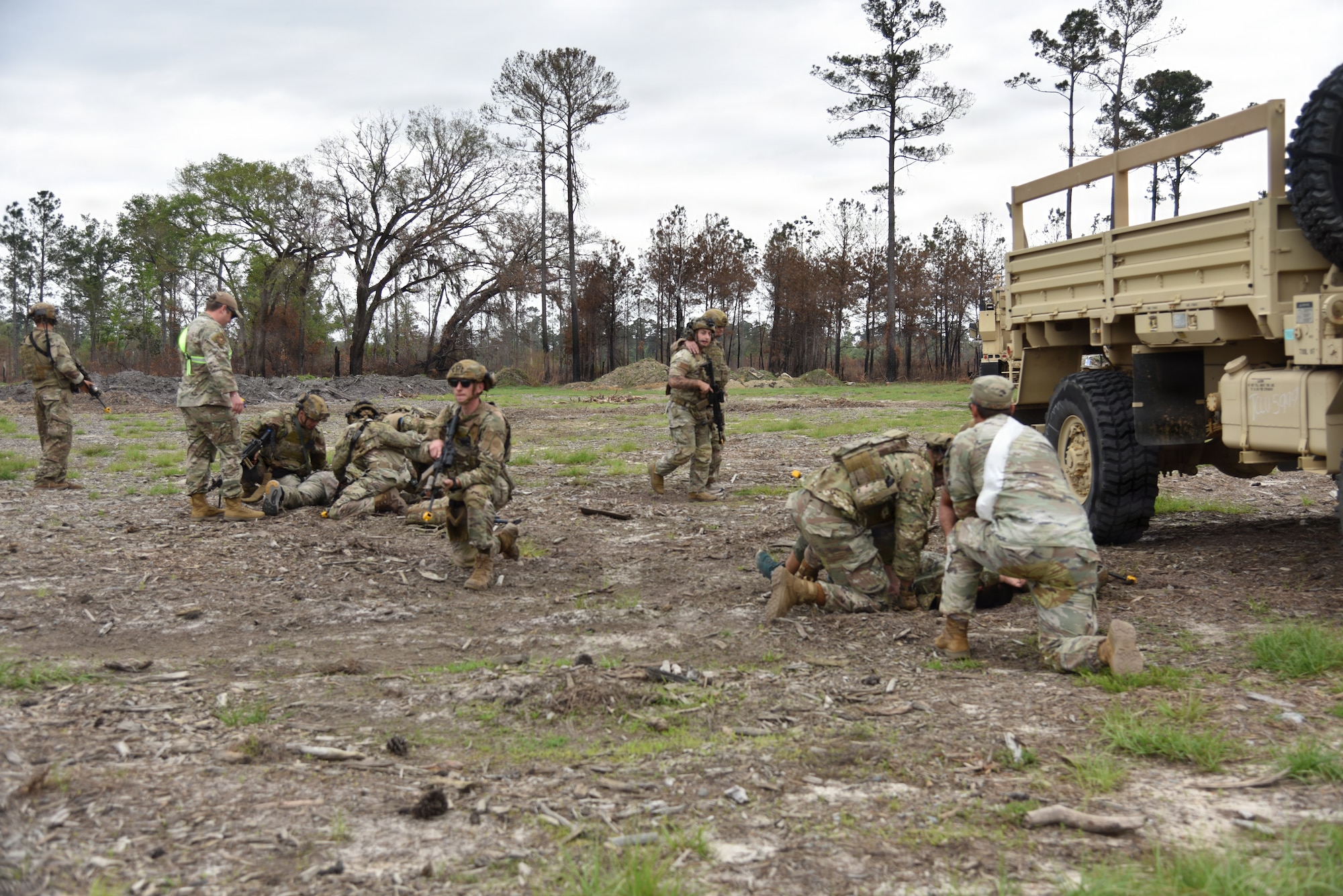 U.S. Air Force Airmen assigned to the 820th Base Defense Group evacuate a simulated patient to a vehicle during tactical combat casualty care training at Moody Air Force Base, Georgia, April 8, 2026.