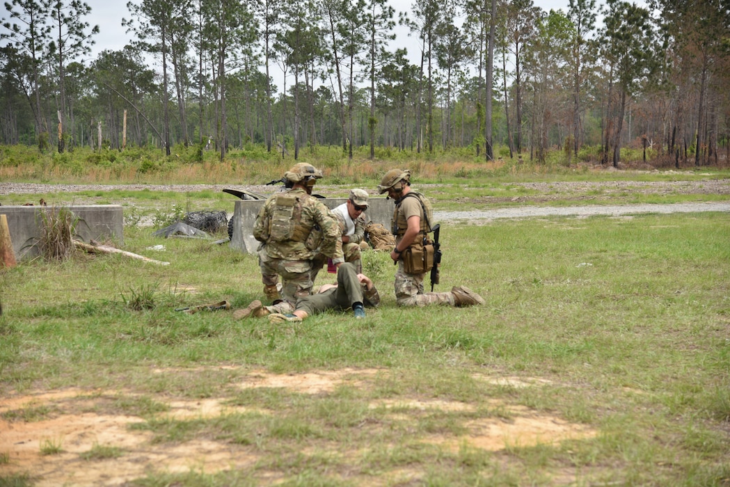 U.S. Air Force Airmen assigned to the 820th Base Defense Group evacuate a simulated patient to a vehicle during tactical combat casualty care training at Moody Air Force Base, Georgia, April 8, 2026.