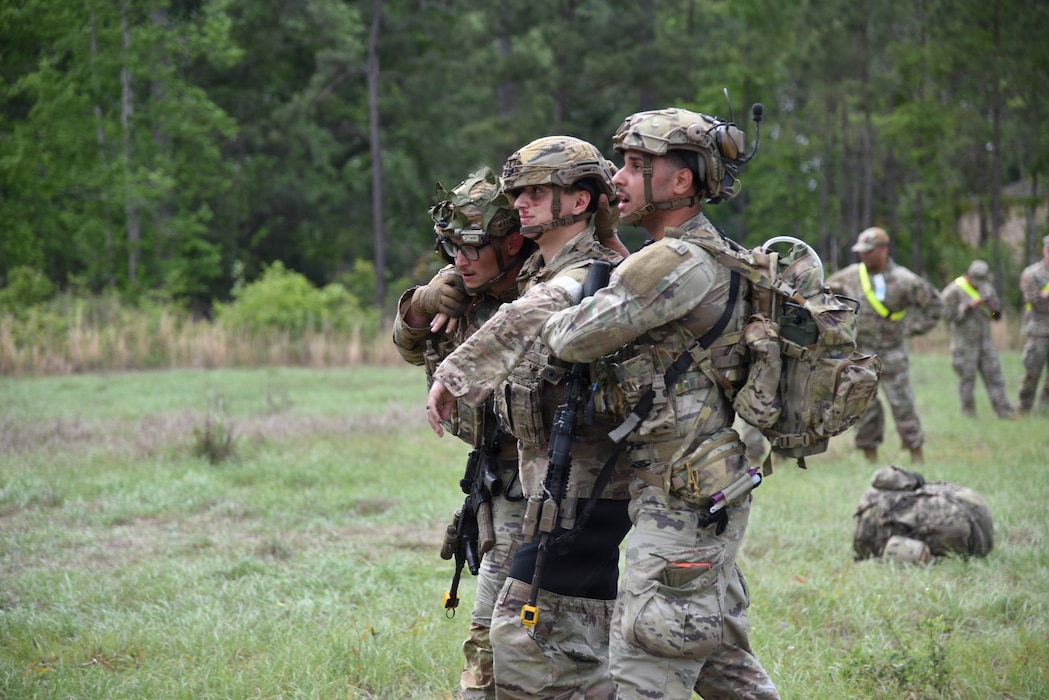 U.S. Air Force Airmen assigned to the 820th Base Defense Group evacuate a simulated patient to a vehicle during tactical combat casualty care training at Moody Air Force Base, Georgia, April 8, 2026.