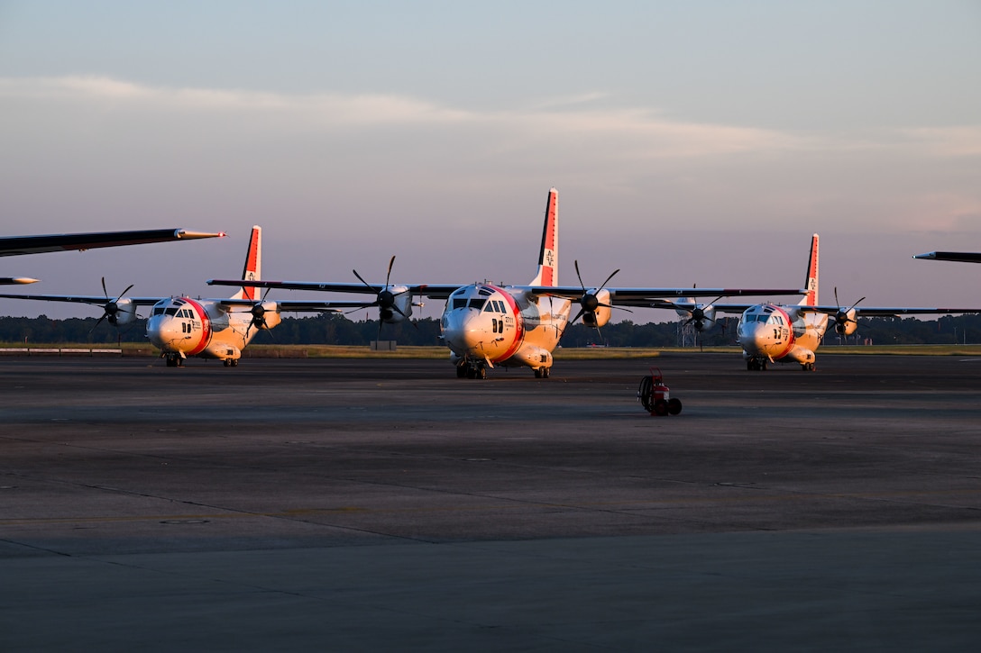 Coast Guard crews from Air Station Clearwater pre stage in Coast Guard Aviation Training Center Mobile to assist post-Hurricane Milton, in Mobile, Alabama, Oct. 7, 2024. Following the hurricane’s departure, Coast Guard crews stand ready for search and rescue and will assess ports and waterways to ensure mariners can transit safely through the area. (U.S. Coast Guard photo by Petty Officer 1st Class Riley Perkofski)