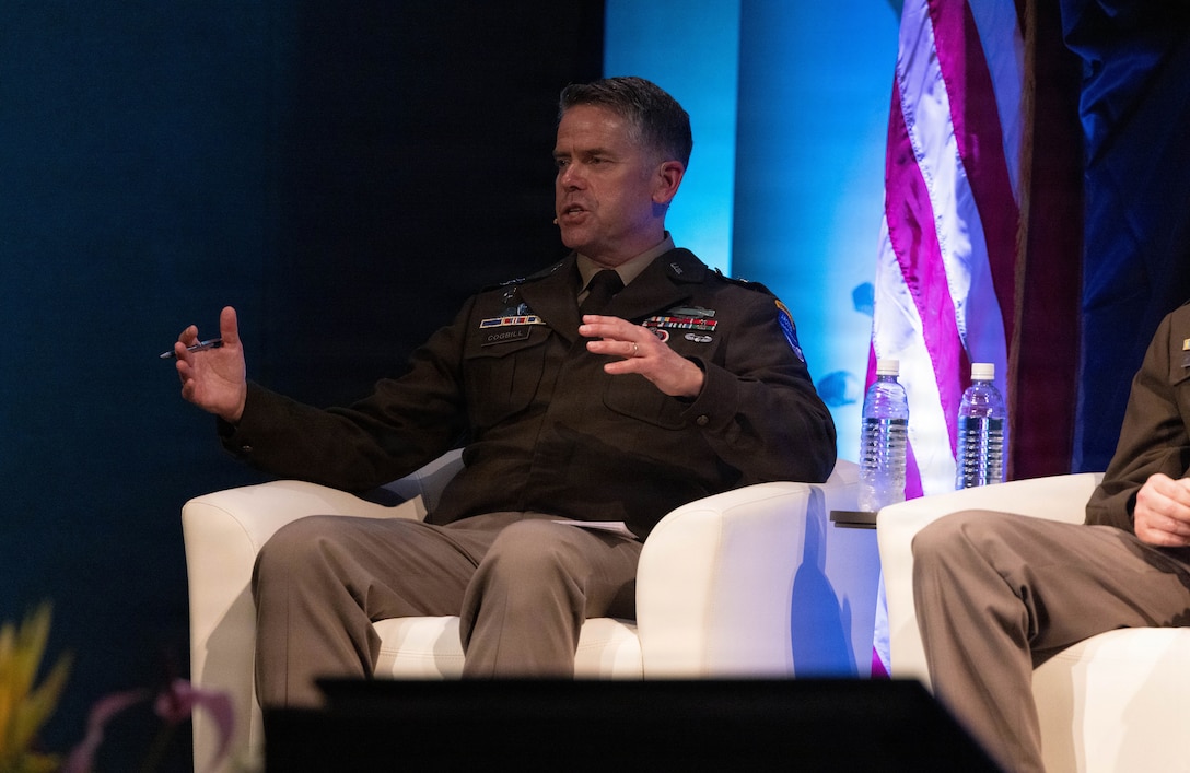 U.S. Army Maj. Gen. John P. Cogbill, commanding general of 11th ABD, sits on a panel to discuss the importance of decision superiority along with the importance of artificial intelligence, machine learning, and the future of C2 during the Land Forces Pacific (LANPAC) Symposium and Exhibition, May 12, 2026, in Honolulu.