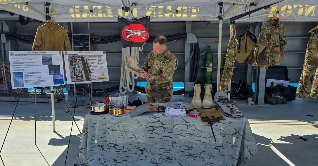 Army first sergeant Justin Warner, assigned to the Northern Warfare Training Center, 11th Airborne Division, briefs U.S. and allied senior enlisted leaders during the Land Forces Pacific Symposium and Exposition (LANPAC) 2026 in Honolulu, Hawaii, May 2026.