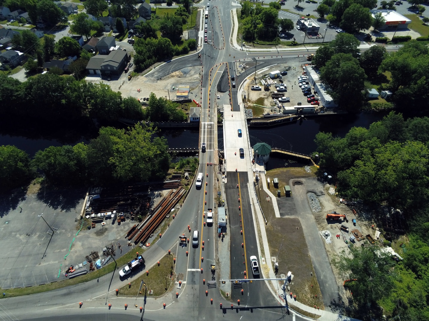 Aerial image of the Deep Creek Bridge Replacement Project site showing the old and new bridge span.