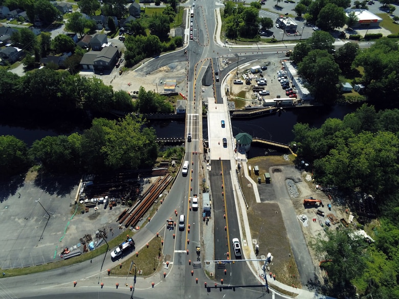 Aerial image of the Deep Creek Bridge Replacement Project site showing the old and new bridge span.