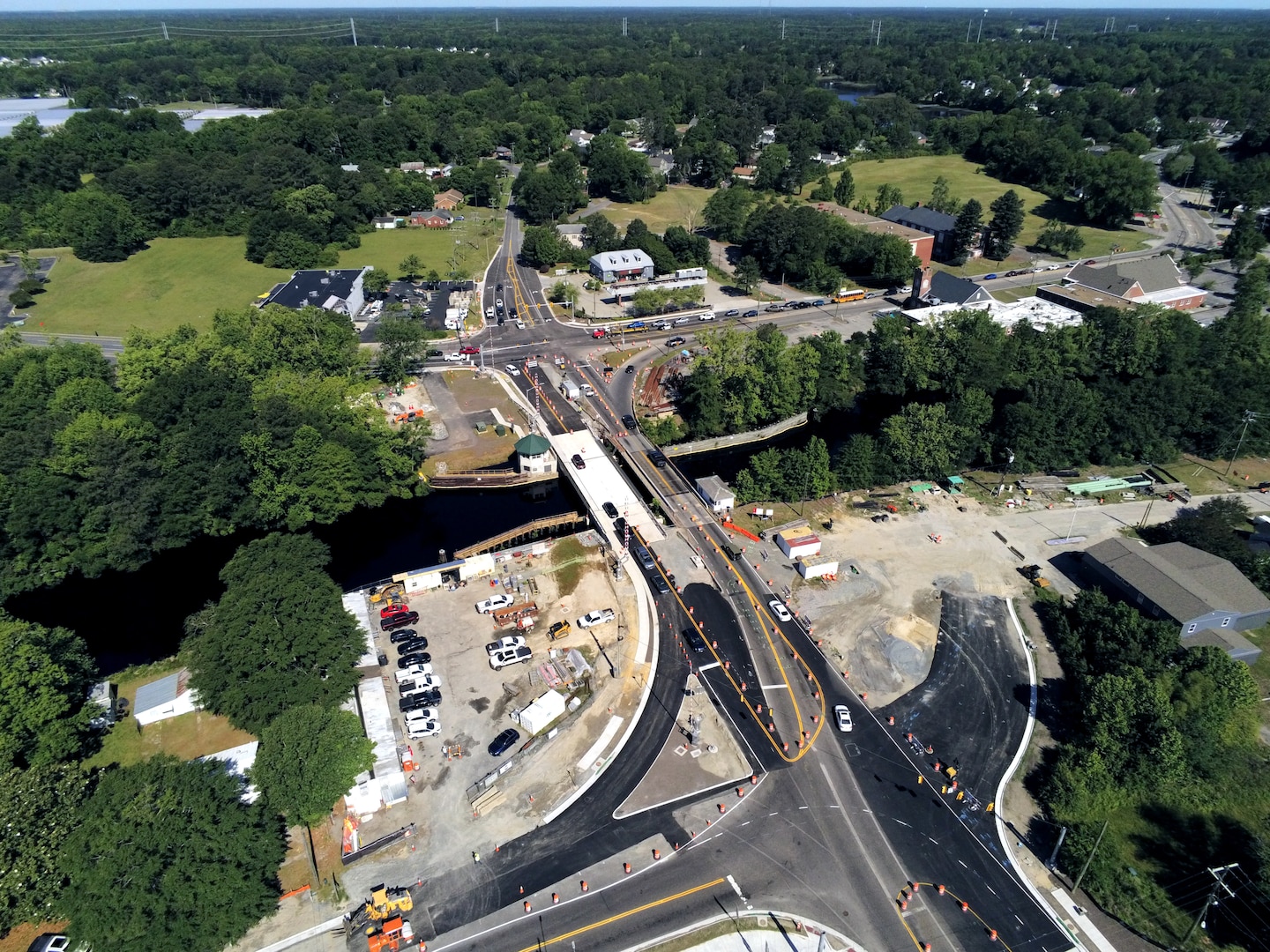Aerial image of the Deep Creek Bridge Replacement Project site showing the old and new bridge span.