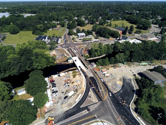 Aerial image of the Deep Creek Bridge Replacement Project site showing the old and new bridge span.