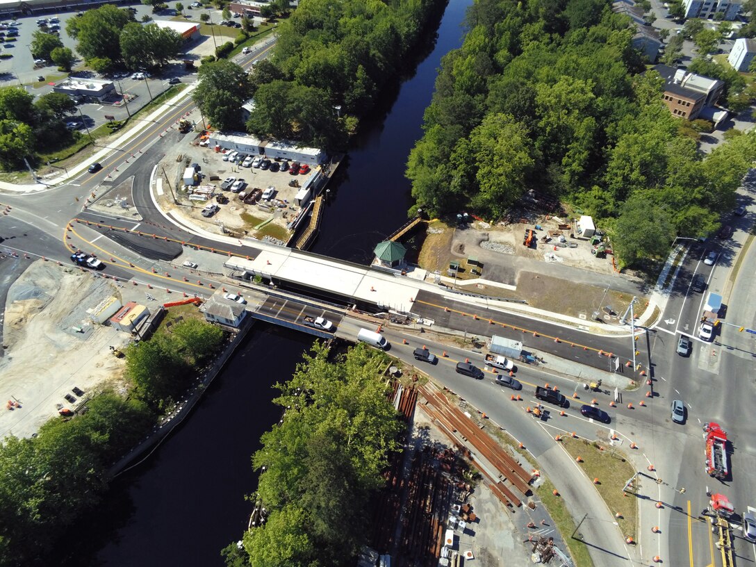 Aerial image of the Deep Creek Bridge Replacement Project site showing the old and new bridge span.