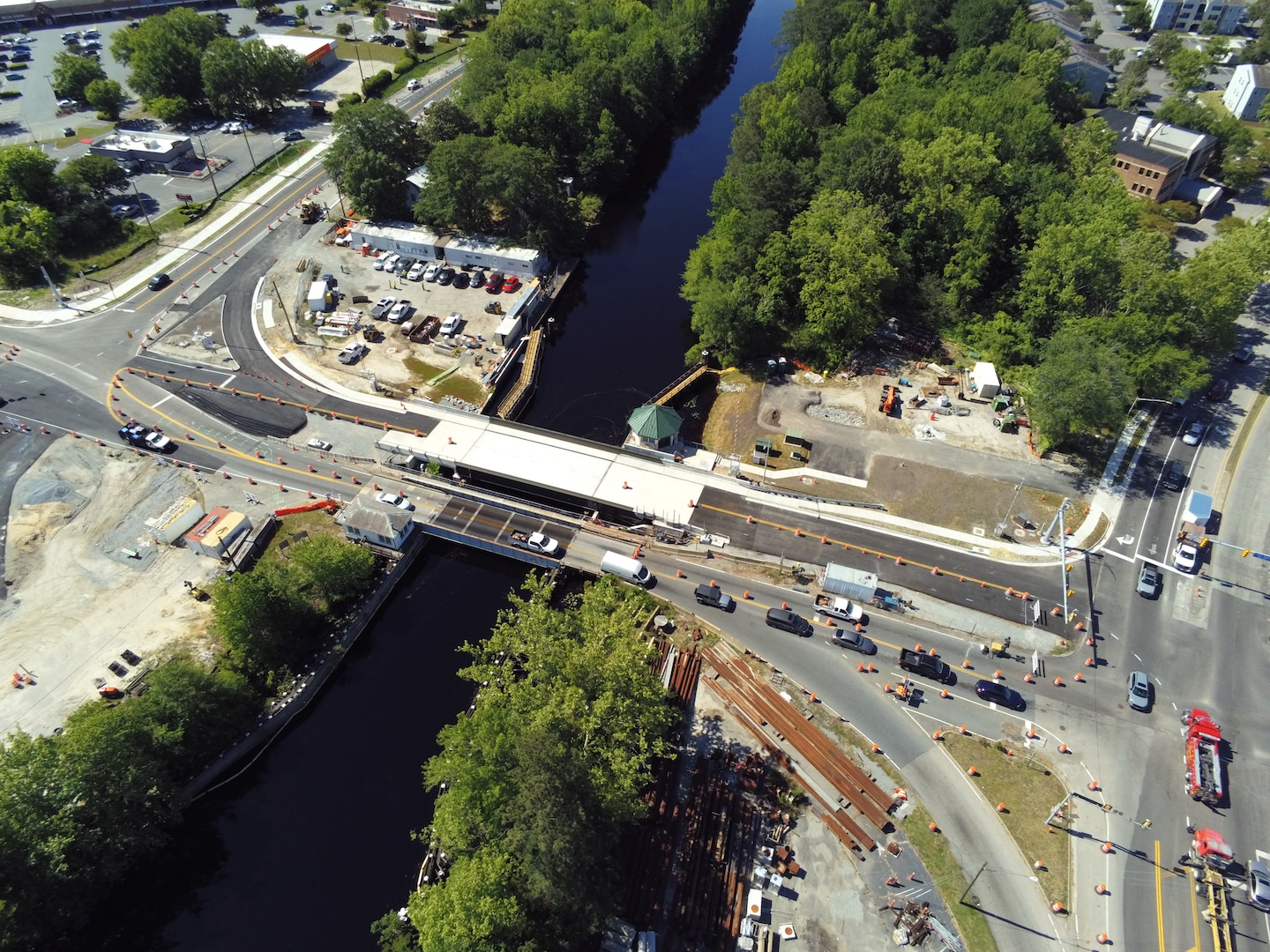 Aerial image of the Deep Creek Bridge Replacement Project site showing the old and new bridge span.