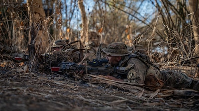 U.S. Soldiers, assigned to 2nd Battalion, 27th Infantry Regiment, 3rd Mobile Brigade, 25th Infantry Division, pull security during training activities as part of the Joint Pacific Readiness Center Exportable Exercise at Fort Magsaysay, Nueva Ecija, Philippines, May 10, 2026.