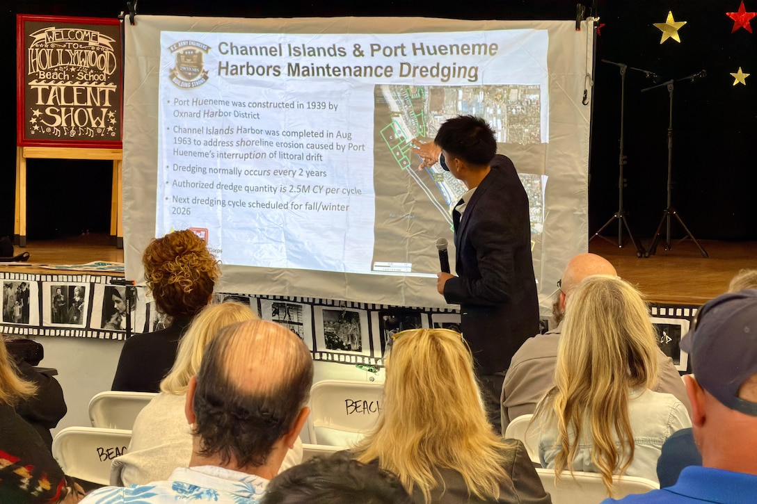 Victor Andreas, U.S. Army Corps of Engineers Los Angeles District project manager, briefs members of the Hollywood Beach community April 30 at Hollywood Beach Elementary on the Channel Islands Harbor dredging project. (USACE Photo by Shawn Davis, L.A. District Public Affairs)