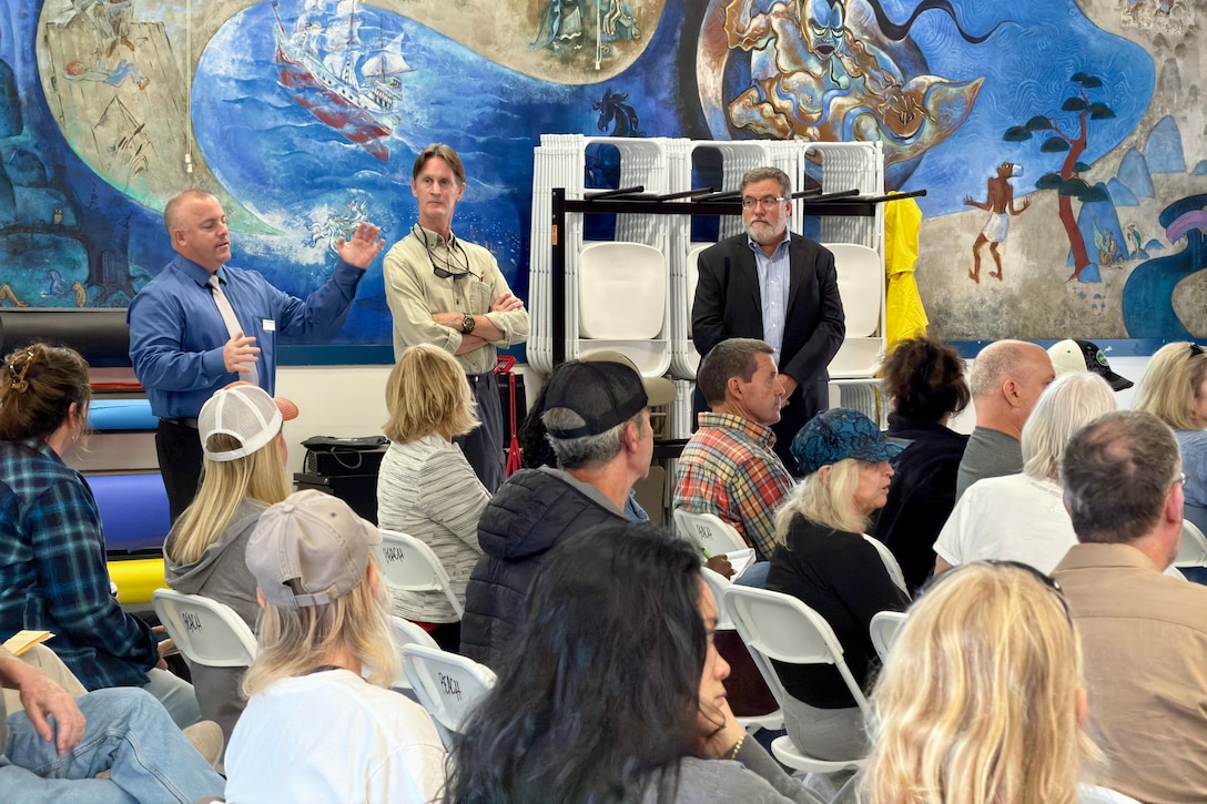 Agency representatives from the U.S. Army Corps of Engineers Los Angeles District, U.S. Navy, Ventura County Harbor Department, city and port of Port Hueneme and community members near Hollywood Beach gather April 30 at Hollywood Beach Elementary to discuss the Channel Islands Harbor dredging project. (USACE Photo by Shawn Davis, L.A. District Public Affairs)