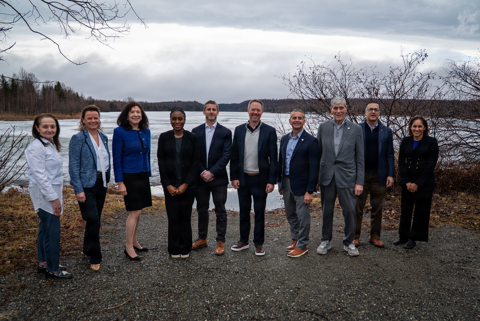 Members from the Business Executives for National Security organization pose for a photo during a tour at Joint Base Elmendorf-Richardson, Alaska, May 4, 2026. They toured the installation to receive a better understanding of the base’s critical role in defending the homeland, the challenges faced in the arctic and day-to-day operations. (U.S. Air Force photo by Staff Sgt. J. Michael Peña)