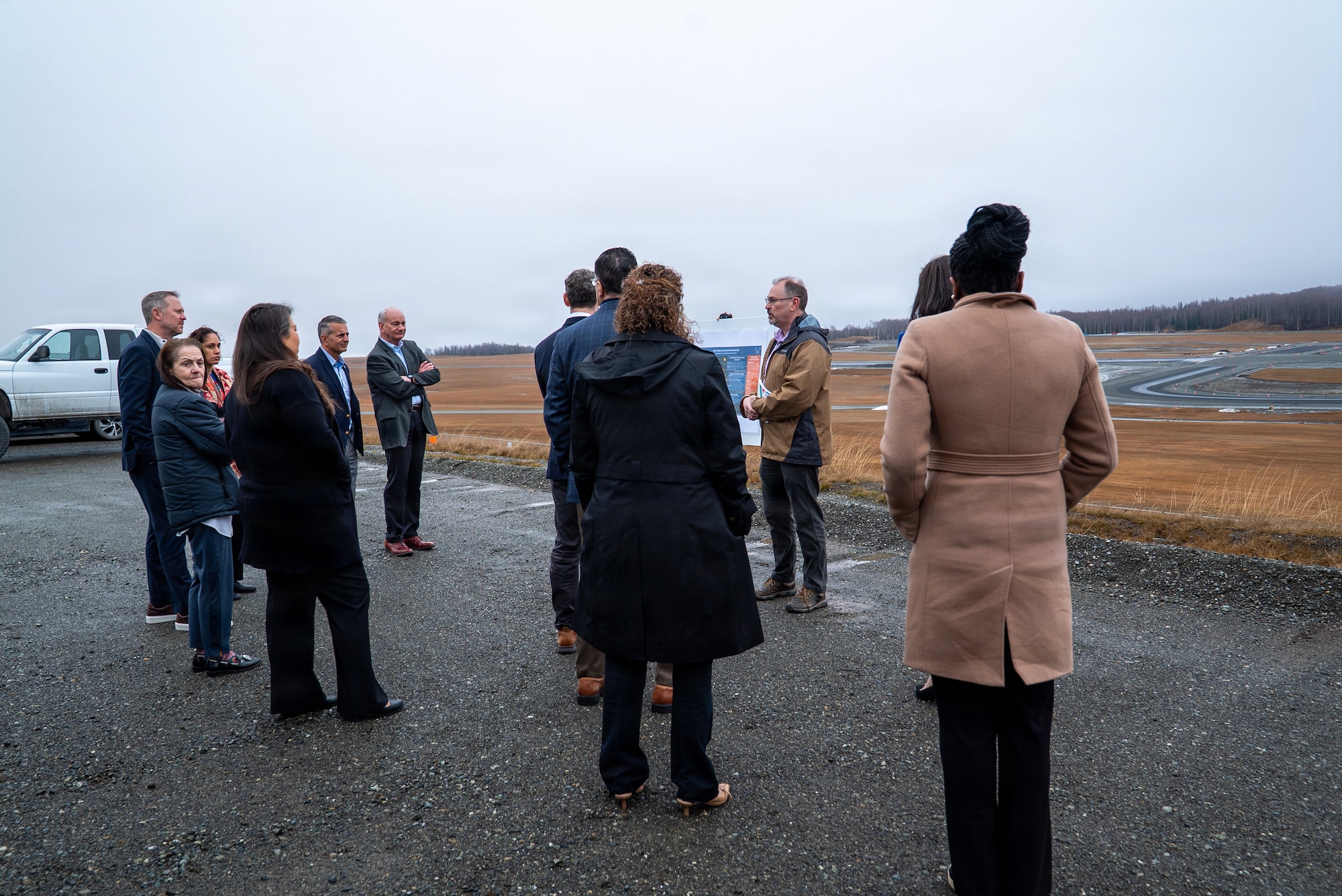 Members from the Business Executives for National Security visit an overview of the flight line extension construction site during a tour at Joint Base Elmendorf-Richardson, Alaska, May 4, 2026. They toured the installation to receive a better understanding of the base’s critical role in defending the homeland, the challenges faced in the arctic and day-to-day operations. (U.S. Air Force photo by Staff Sgt. J. Michael Peña)