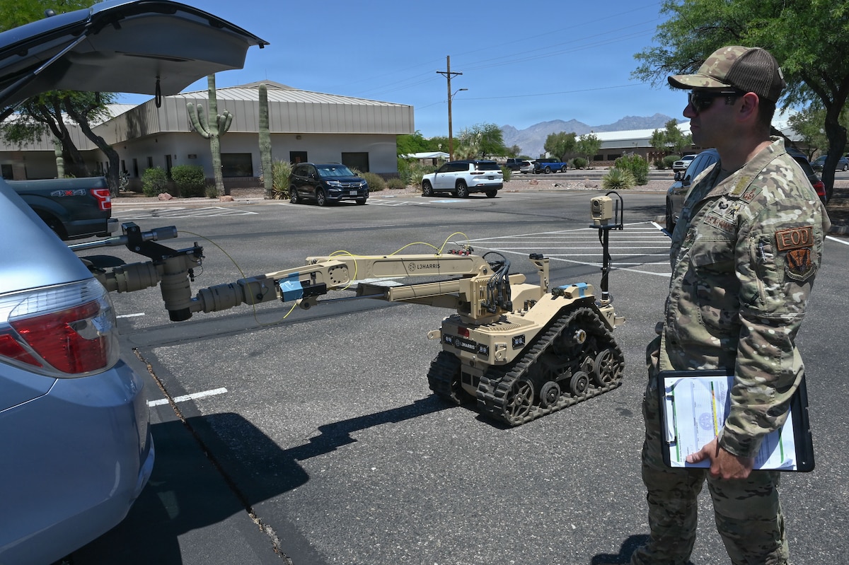 U.S. Air Force Staff Sgt. Anthony Catania, 355th Civil Engineer Squadron explosive ordnance disposal technician and wing inspection team member, evaluates his EOD team’s response to a simulated improvised explosive device found in an abandoned vehicle during Mosaic Lightning 26-2 at Davis-Monthan Air Force Base, Arizona, May 8, 2026. Relentless training and operational focus during exercises like Mosaic Lightning 26-2 ensure Airmen are ready to meet any challenge with precision and professionalism. (U.S. Air Force photo by Staff Sgt. Kahdija Slaughter)