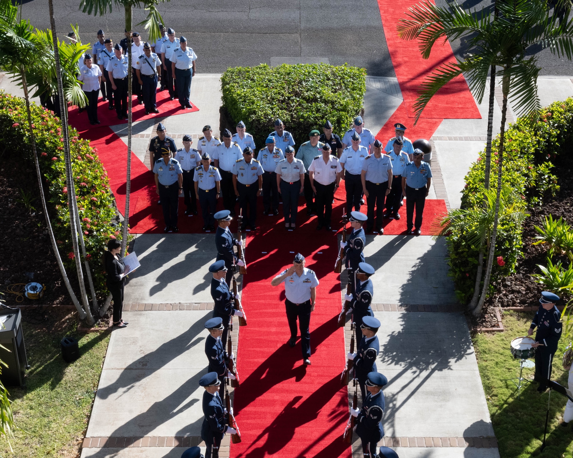 Viewed from a high angle, Royal Australian Air Force Air Marshal Stephen Chappell, Chief of Air Force, renders a salute as he walks down a red carpet through an honor cordon. A large group of international air chiefs stands waiting at the end of the carpet, with palm trees and green hedges framing the outdoor ceremony.