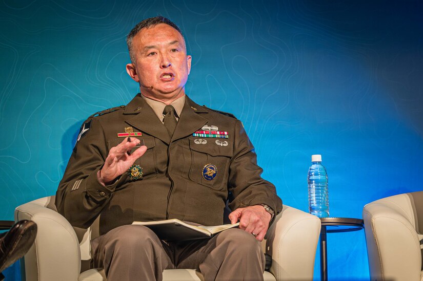 U.S. Army Maj. Gen. James Dooghan, commanding general of U.S. Army Japan, shares insight on how partnerships accelerate transformation during the Land Forces of the Pacific Symposium and Exposition on May 13, 2026.