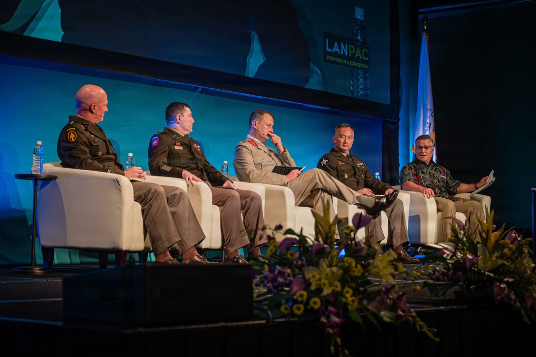 Land Forces of the Pacific Symposium and Exposition panelists share thoughts on how partnerships accelerate transformation during LANPAC 2026 on May 13, 2026, at the Sheraton Waikiki Beach Resort in Honolulu, Hawaii.