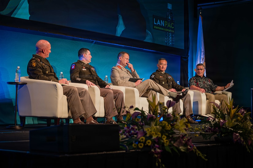 Land Forces of the Pacific Symposium and Exposition panelists share thoughts on how partnerships accelerate transformation during LANPAC 2026 on May 13, 2026, at the Sheraton Waikiki Beach Resort in Honolulu, Hawaii.