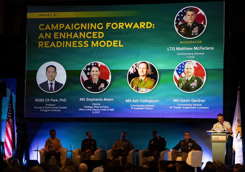 Panelists participate in the “Campaign Forward: An Enhanced Readiness Model” discussion during the 2026 Land Forces Pacific Symposium and Exposition in Honolulu, Hawaii, May 13, 2026.