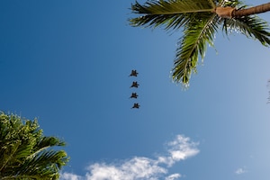 Viewed from the ground, four F-22 Raptor fighter jets fly in a tight, vertical formation against a deep blue sky. The scene is framed by the green fronds of palm trees in the corners of the image.