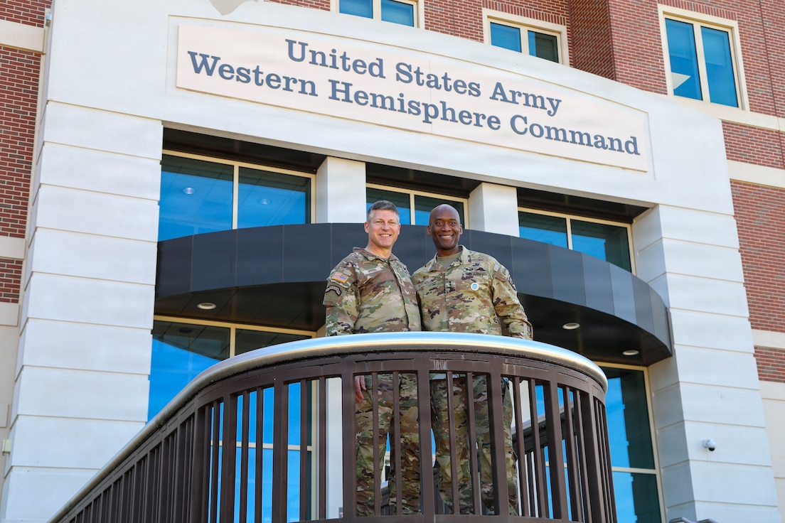 U.S. Army Gen. Xavier T. Brunson and U.S. Army Gen. Joseph A. Ryan stand together for a photo at the U.S. Army Western Hemisphere Command headquarters on Fort Bragg, North Carolina, May 8, 2026.