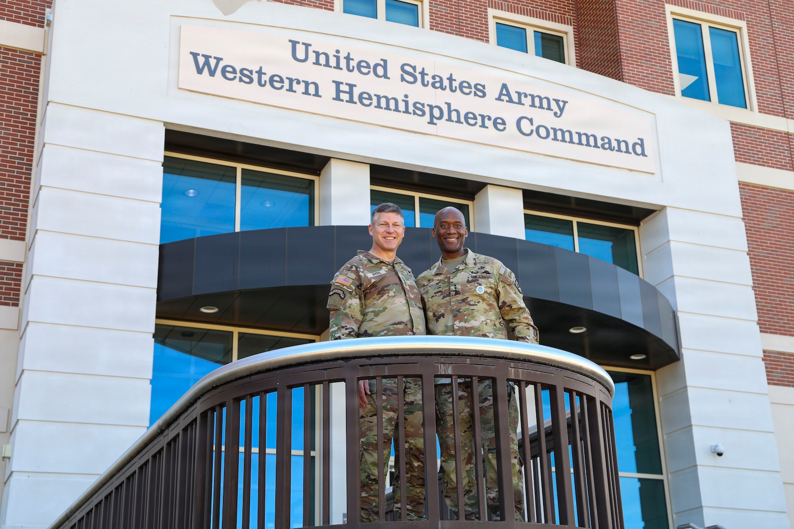 U.S. Army Gen. Xavier T. Brunson and U.S. Army Gen. Joseph A. Ryan stand together for a photo at the U.S. Army Western Hemisphere Command headquarters on Fort Bragg, North Carolina, May 8, 2026.