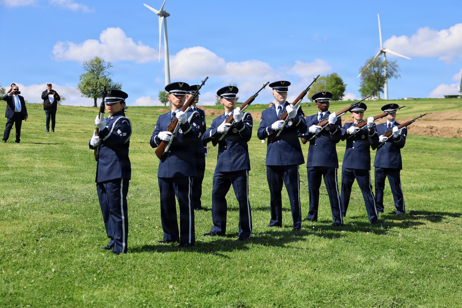 U.S. Air Force Honor Guard firing squad prepares to render a three-volley salute during the Wereth 11 Memorial Observance on May 9, 2026, in Wereth, Belgium. The ceremony honored the memory and sacrifice of the 11 African American soldiers of the 333rd Field Artillery Battalion who were captured and killed by Nazi forces during the Battle of the Bulge.
