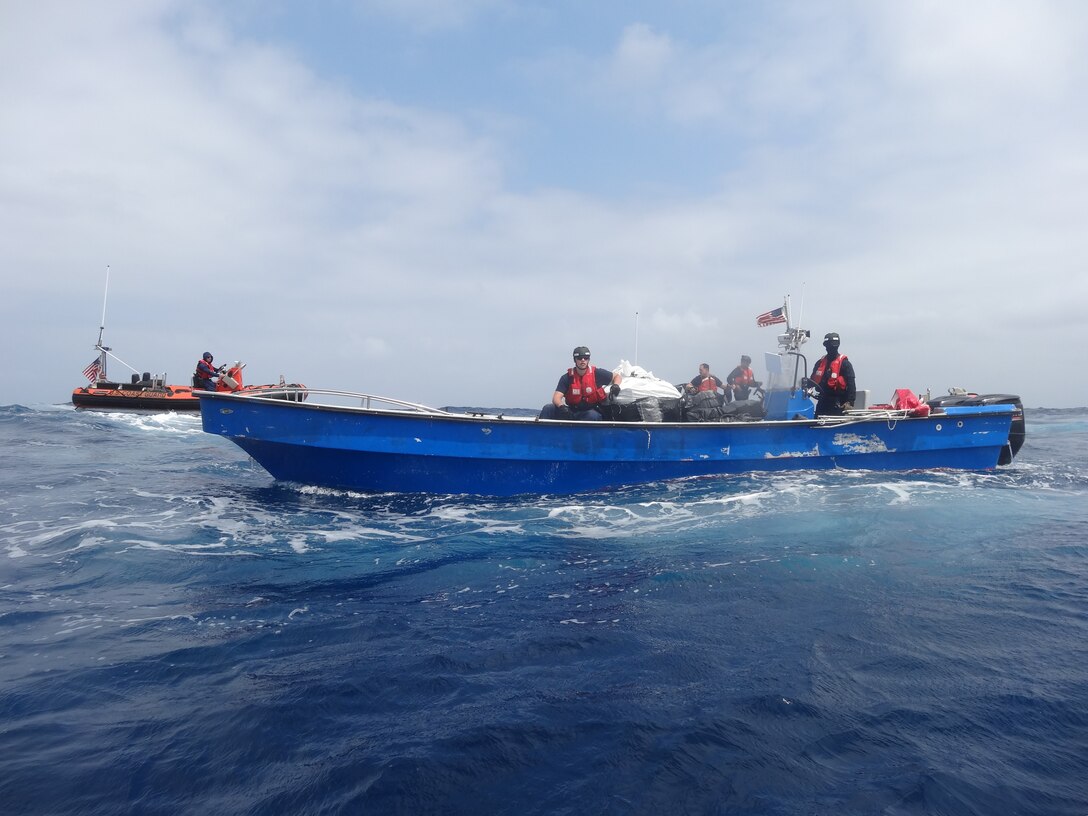 U.S. Coast Guard Cutter Tahoma crew members conduct interdiction operations in the Gulf of America, May 8, 2026. Tahoma’s crew, alongside a deployed Coast Guard Helicopter Interdiction Tactical Squadron aircrew, stopped three suspected smuggling vessels carrying narcotics during a maritime patrol approximately 90 miles off Cartagena, Colombia. (U.S. Coast Guard photo)