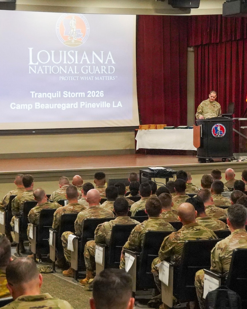 Sgt. Maj. Jose Melendez, sergeant major for the Headquarters Department of the Army Deputy Chief of Staff, G-2 (Intelligence), speaks during the Tranquil Storm 2026 awards ceremony at the Louisiana National Guard's Camp Beauregard April 30, 2026.