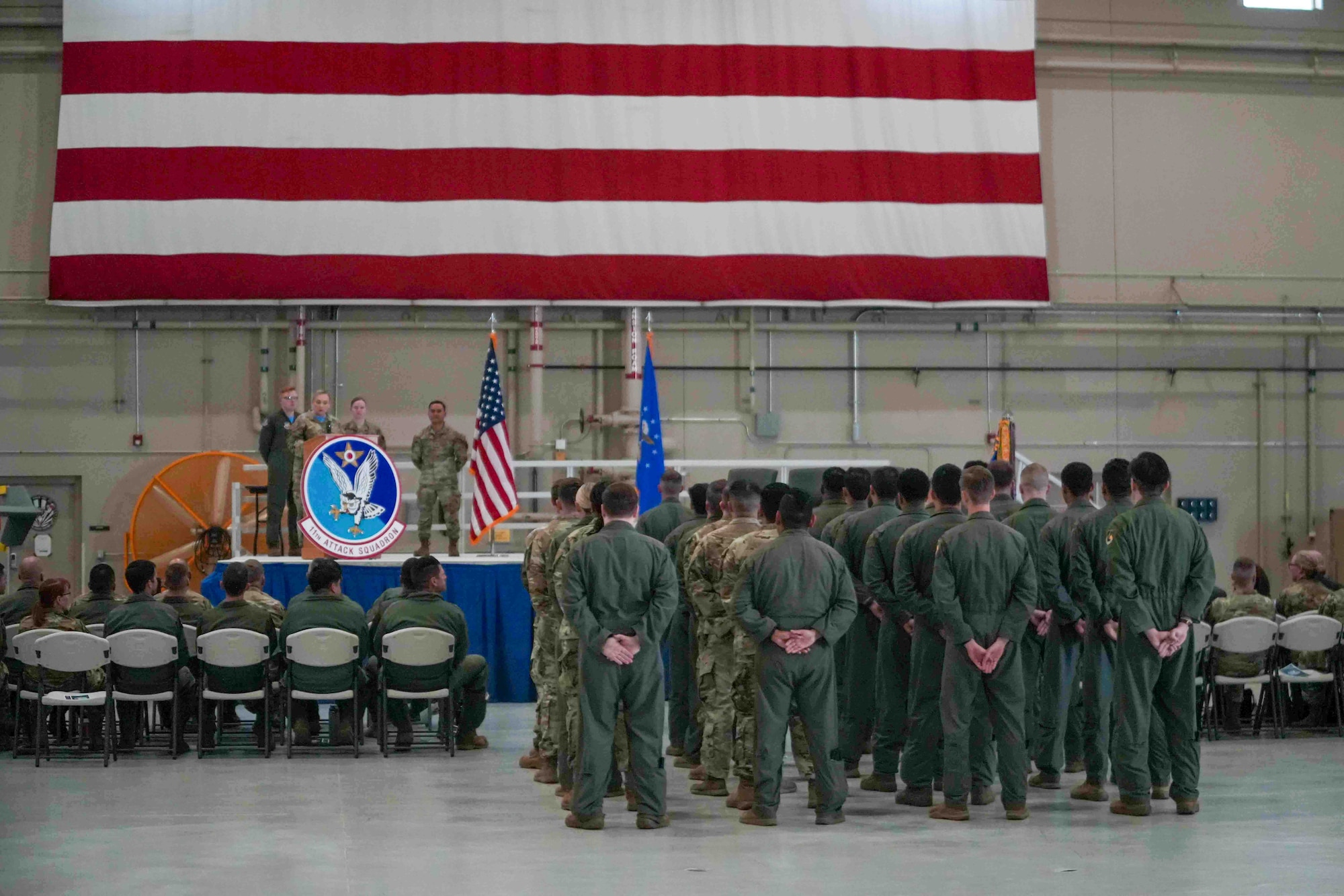 U.S. Airmen with the 11th Attack Squadron stand in formation during a change of command ceremony at Creech Air Force Base, Nevada, April 17, 2026.